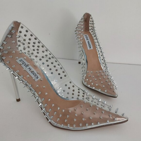 Steve Madden Clear Spike Stilettos 8 Metallic Silver Heels Glam Edgy Studded - Picture 4 of 12